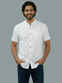 KISHRO Men Cotton Regular Fit Mandarin Collar Casual Shirt - White