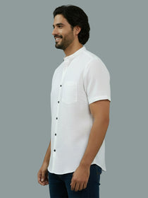 KISHRO Men Cotton Regular Fit Mandarin Collar Casual Shirt - White