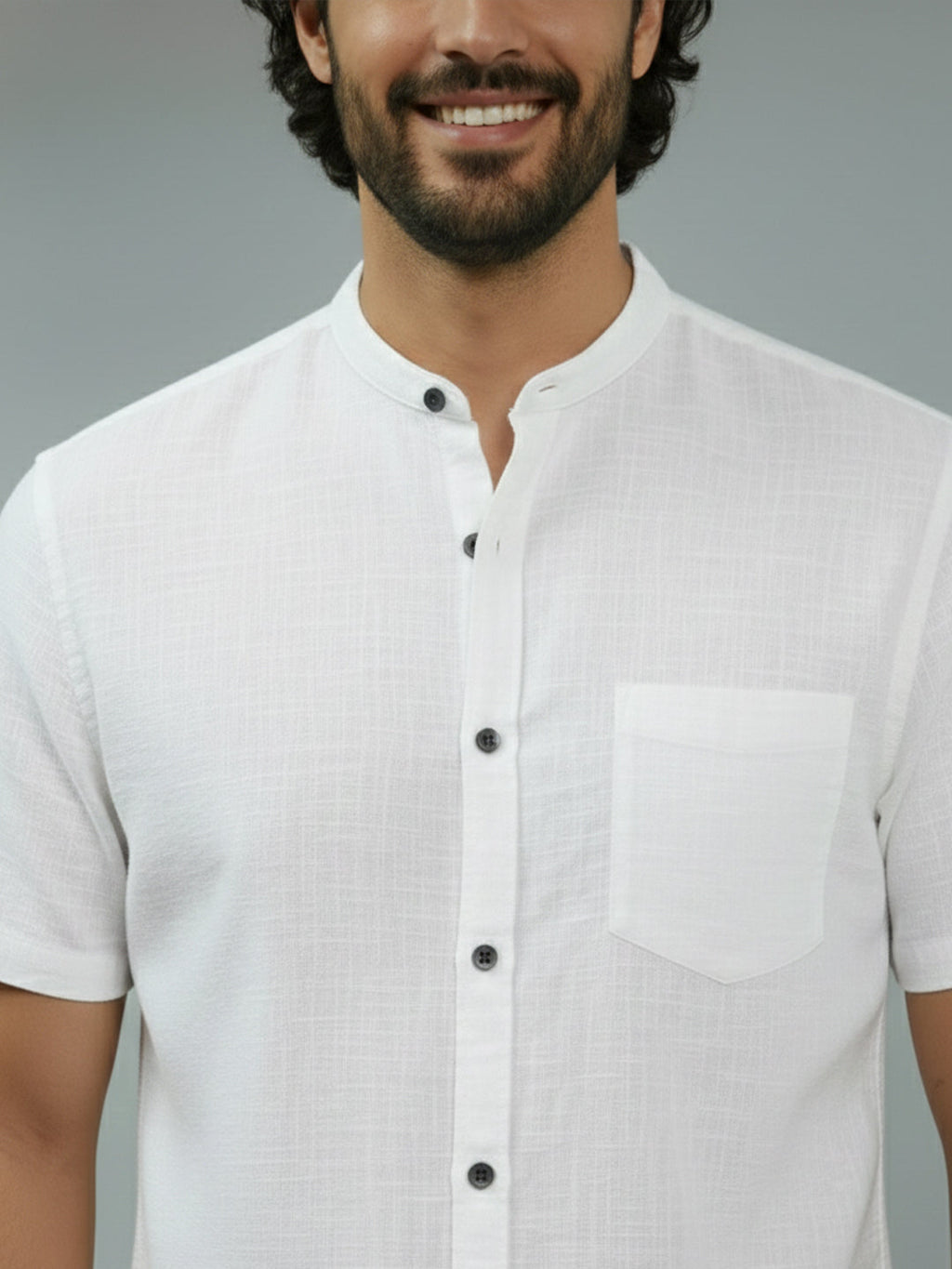 KISHRO Men Cotton Regular Fit Mandarin Collar Casual Shirt - White