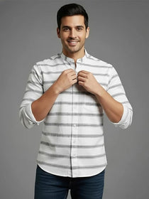 KISHRO Men Cotton Striped Spread Collar Short Kurta - White