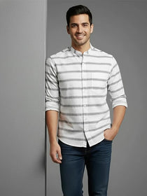 KISHRO Men Cotton Striped Spread Collar Short Kurta - White