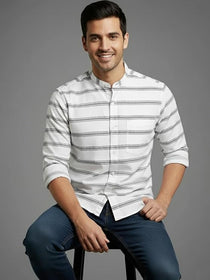 KISHRO Men Cotton Striped Spread Collar Short Kurta - White