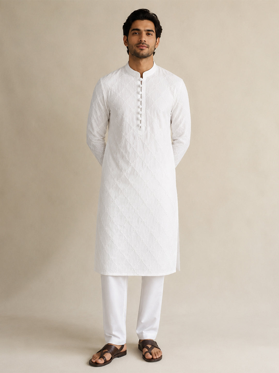 KISHRO Men Cotton Chikankari Embroidered Regular Fit Long Kurta - White Secondary image
