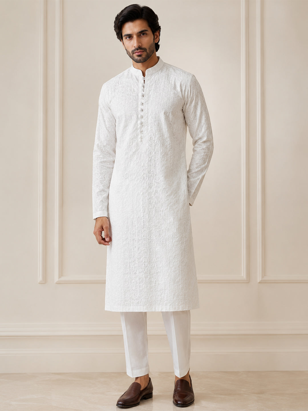 KISHRO Men Cotton Chikankari Embroidered Long Kurta - White Main image