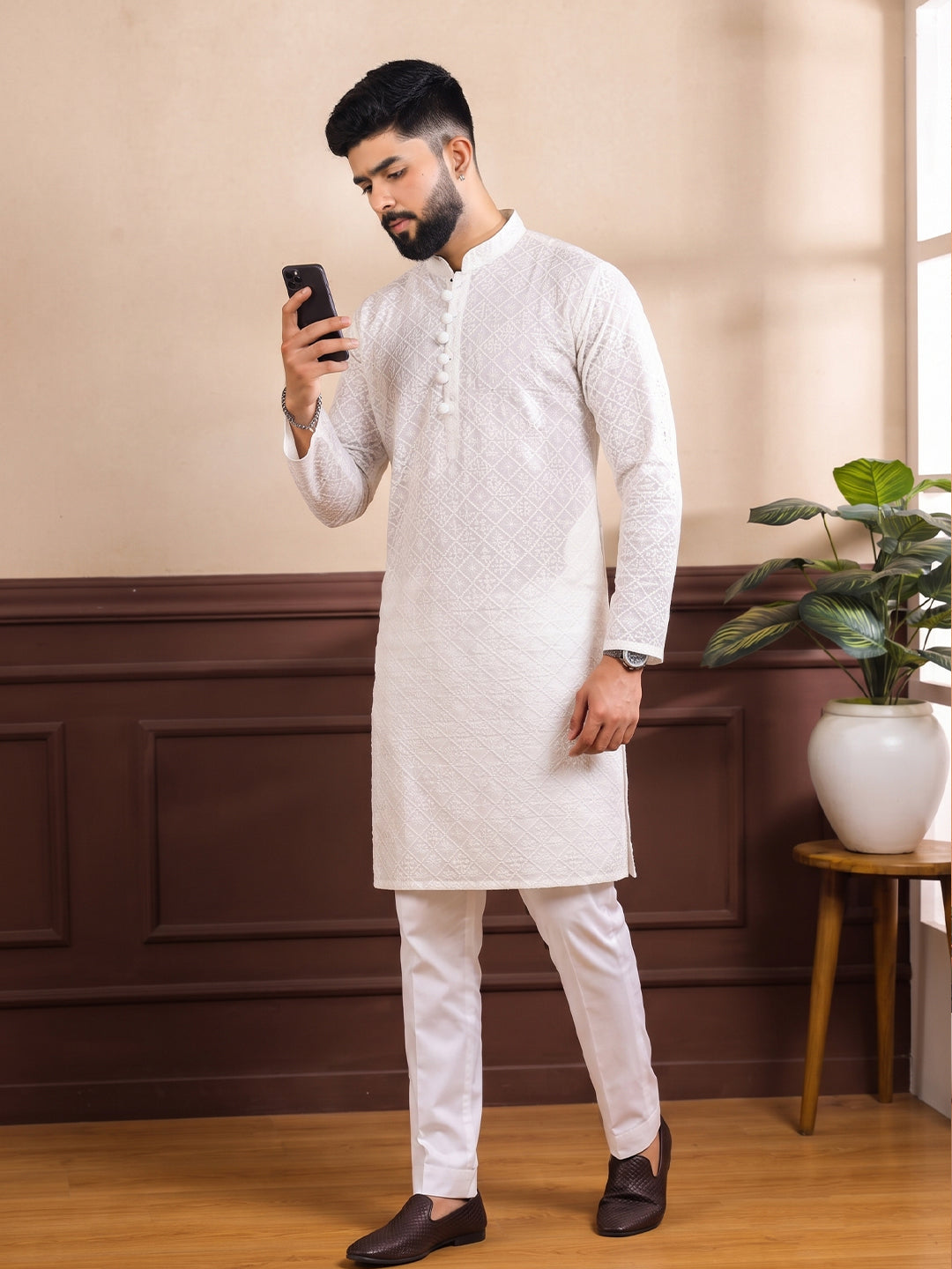 KISHRO Men Cotton Self-Design Regular Fit Long Kurta - White Secondary image