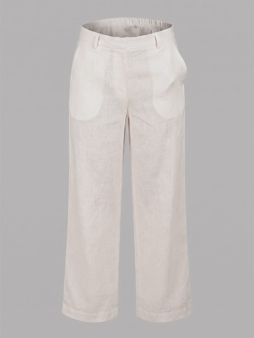 KISHRO Women Linen Solid Full Length Wide-Leg Trousers - Cream