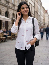 KISHRO Women Denim Floral Printed Embroidered Shirt - Black