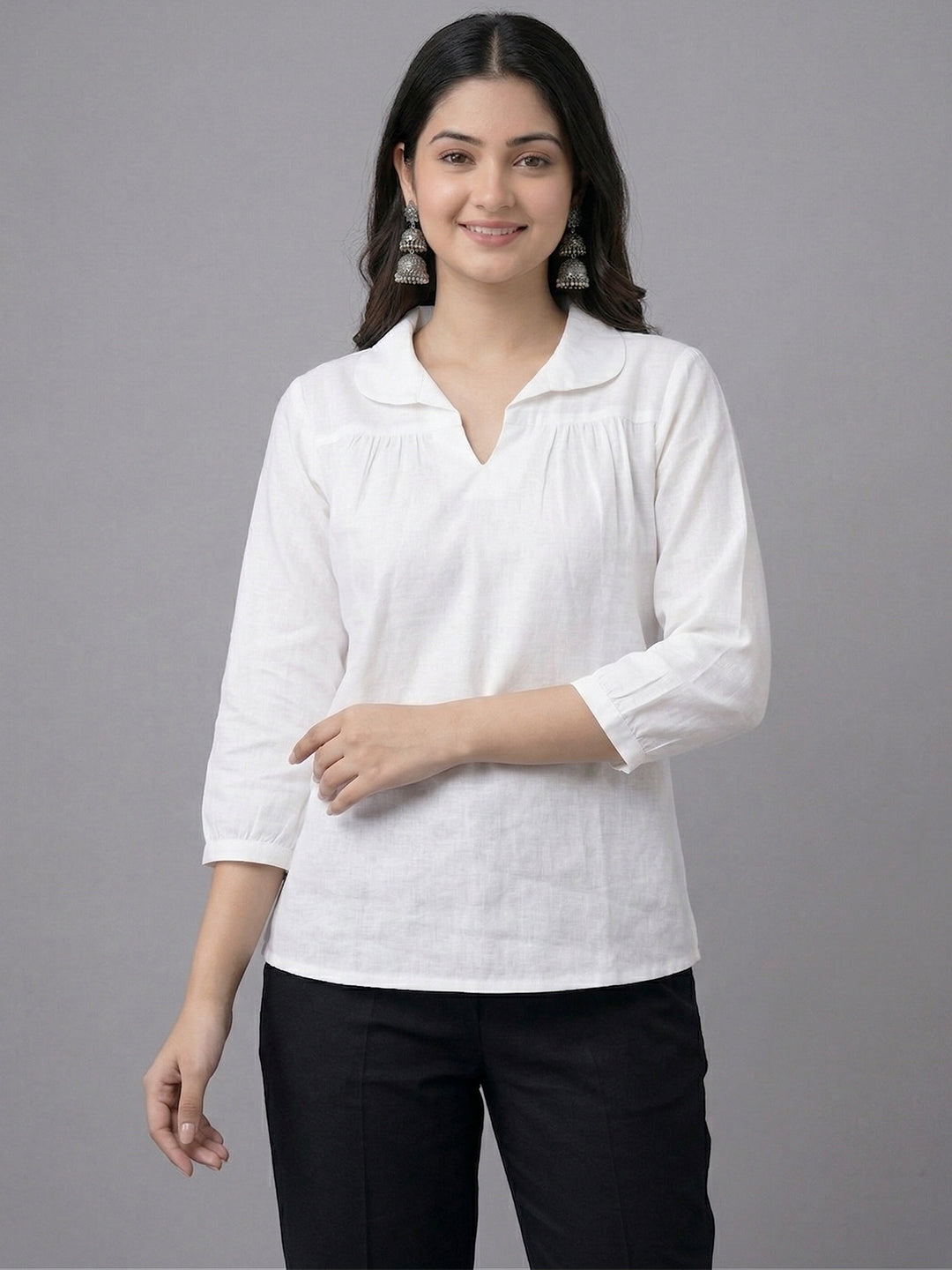 KISHRO Women Linen Cotton Regular Fit V-Neck Top - White