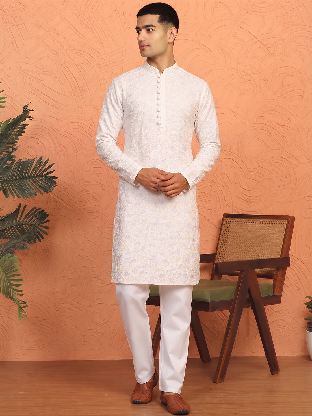 KISHRO Men Cotton Chikankari Embroidered Long Kurta - White Secondary image