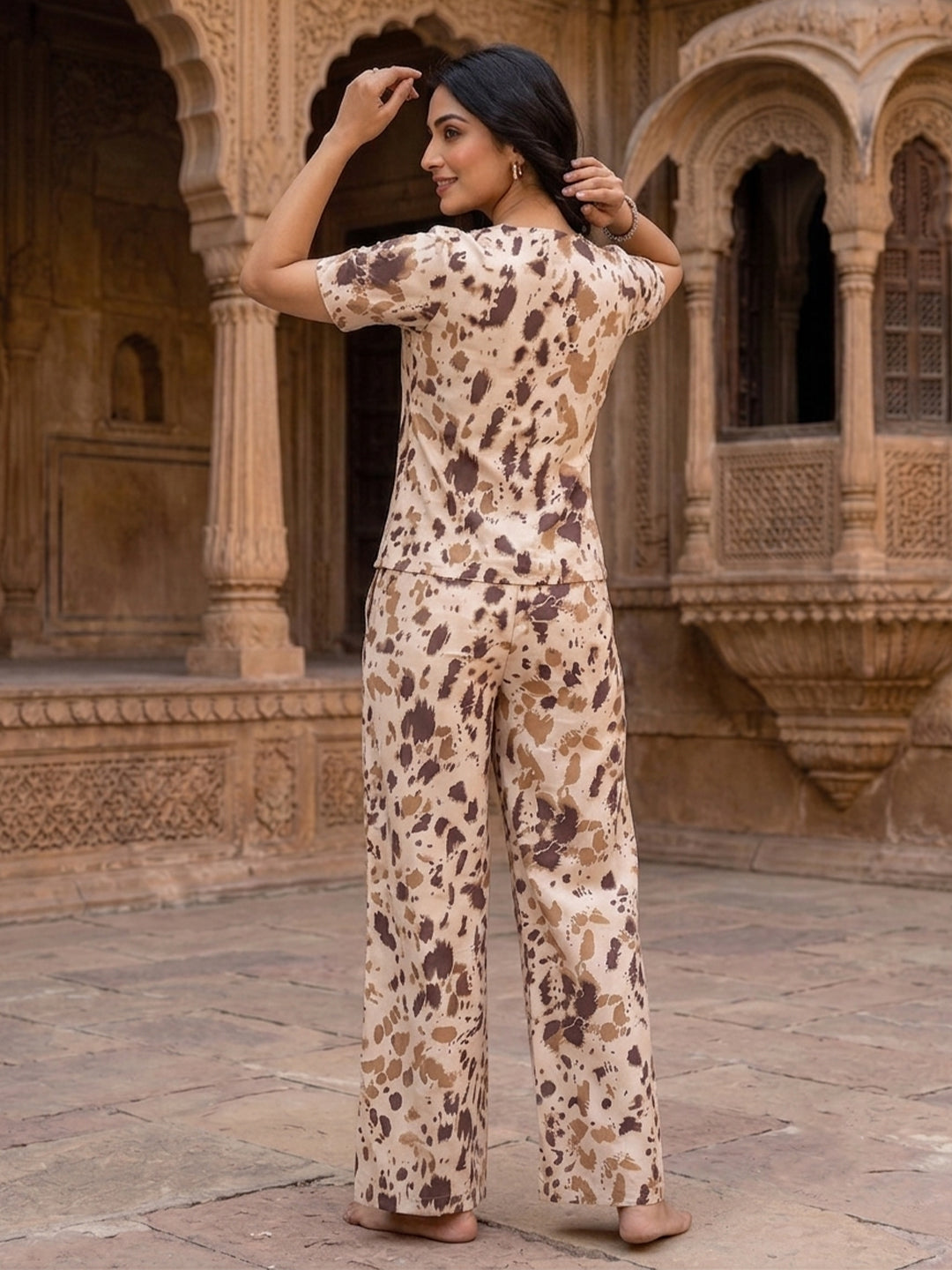 KISHRO Women Linen Cotton Abstract Printed Regular Fit Night Suit Set - White