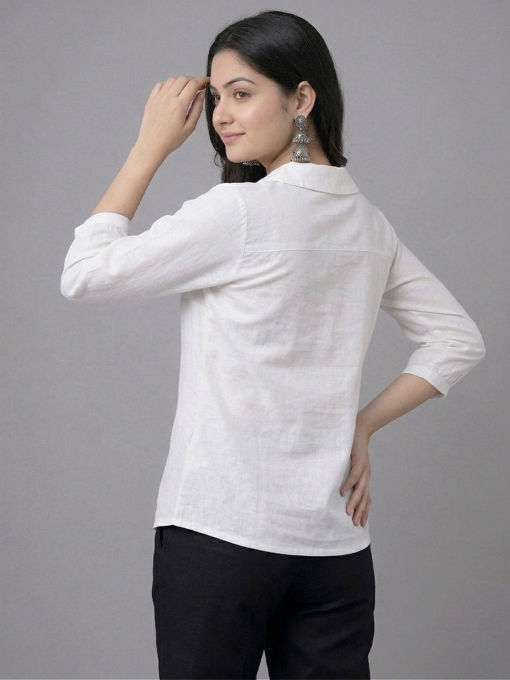 KISHRO Women Linen Cotton Regular Fit V-Neck Top - White