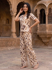 KISHRO Women Linen Cotton Abstract Printed Regular Fit Night Suit Set - White