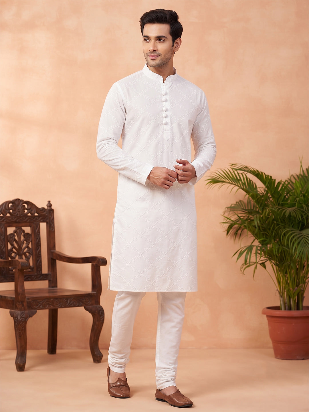 KISHRO Men Cotton Chikankari Self-Design Long Kurta - White Main image