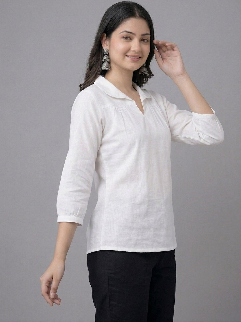 KISHRO Women Linen Cotton Regular Fit V-Neck Top - White
