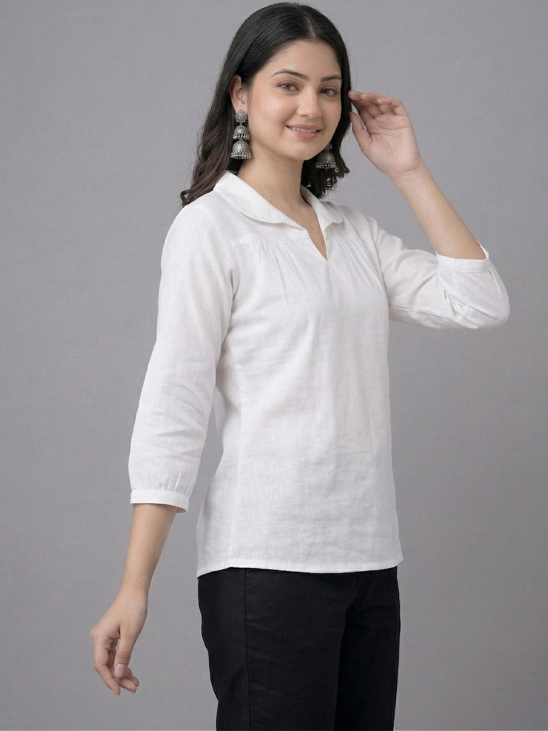 KISHRO Women Linen Cotton Regular Fit V-Neck Top - White