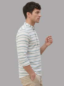 KISHRO Men Cotton Striped Mandarin Collar Curved Hem Short Kurta - White