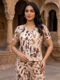 KISHRO Women Linen Cotton Abstract Printed Regular Fit Night Suit Set - White