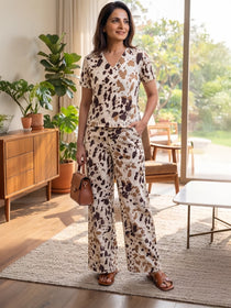 KISHRO Women Linen Cotton Abstract Printed Regular Fit Night Suit Set - White