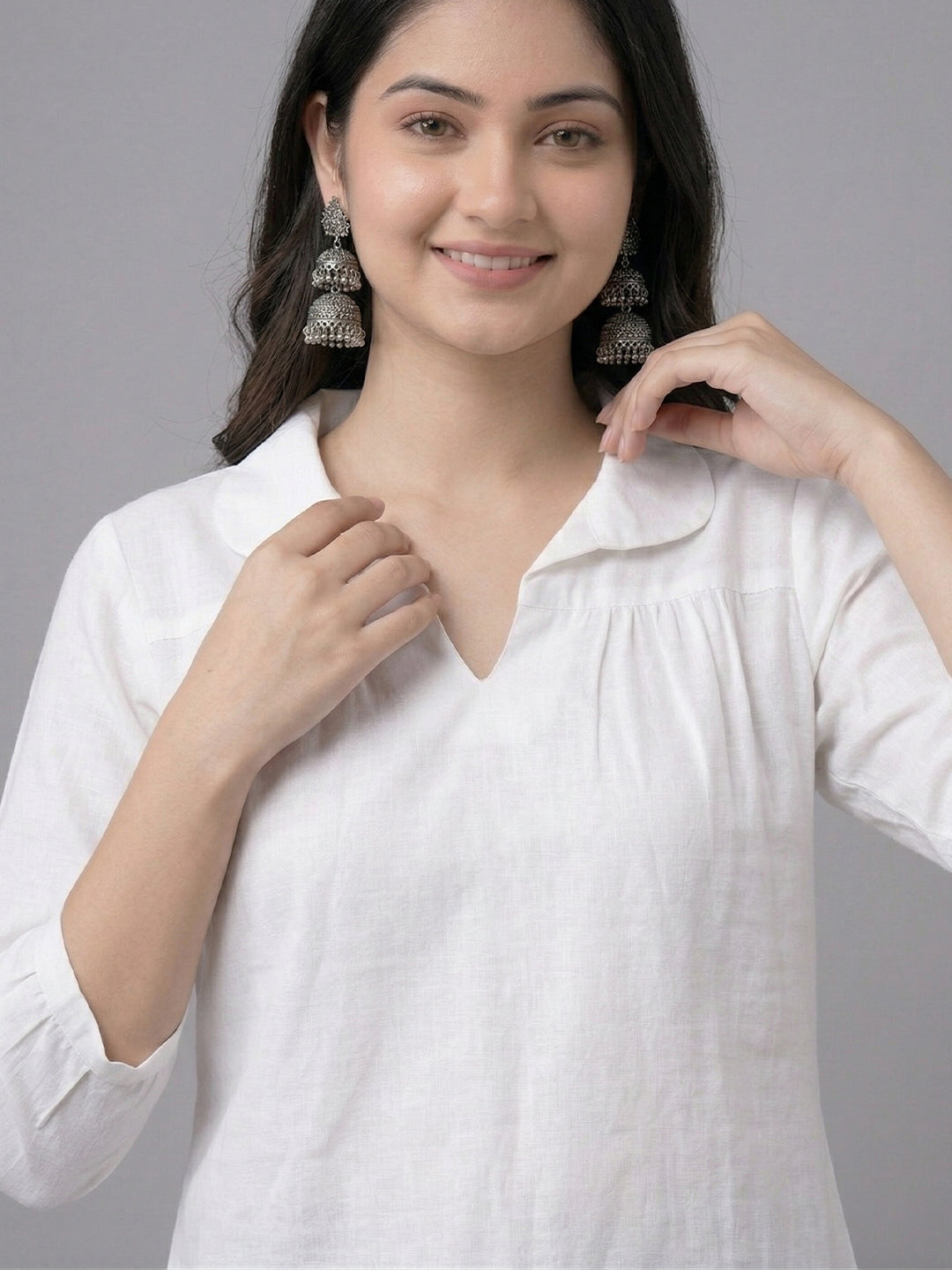 KISHRO Women Linen Cotton Regular Fit V-Neck Top - White