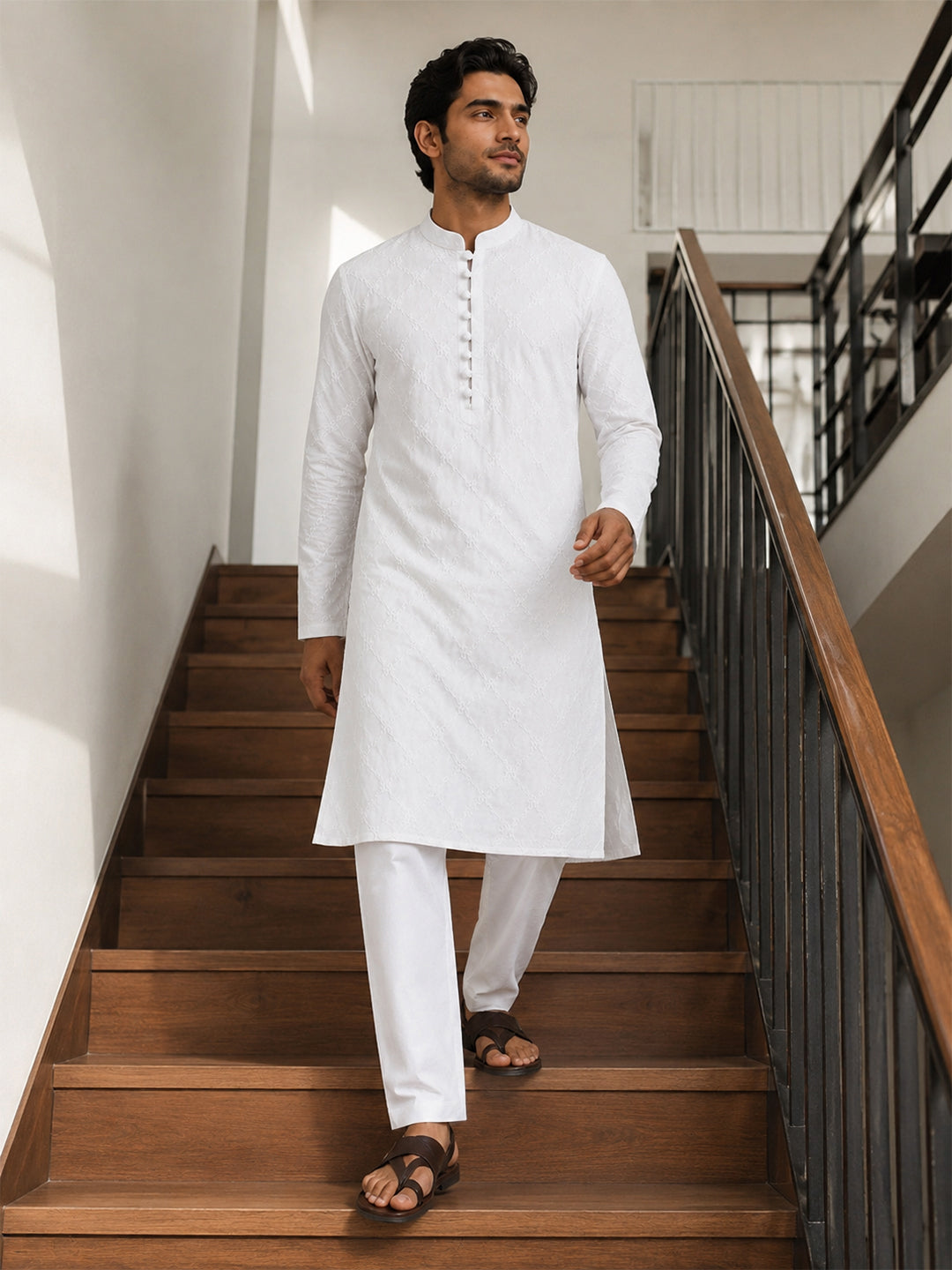 KISHRO Men Cotton Chikankari Embroidered Regular Fit Long Kurta - White Main image