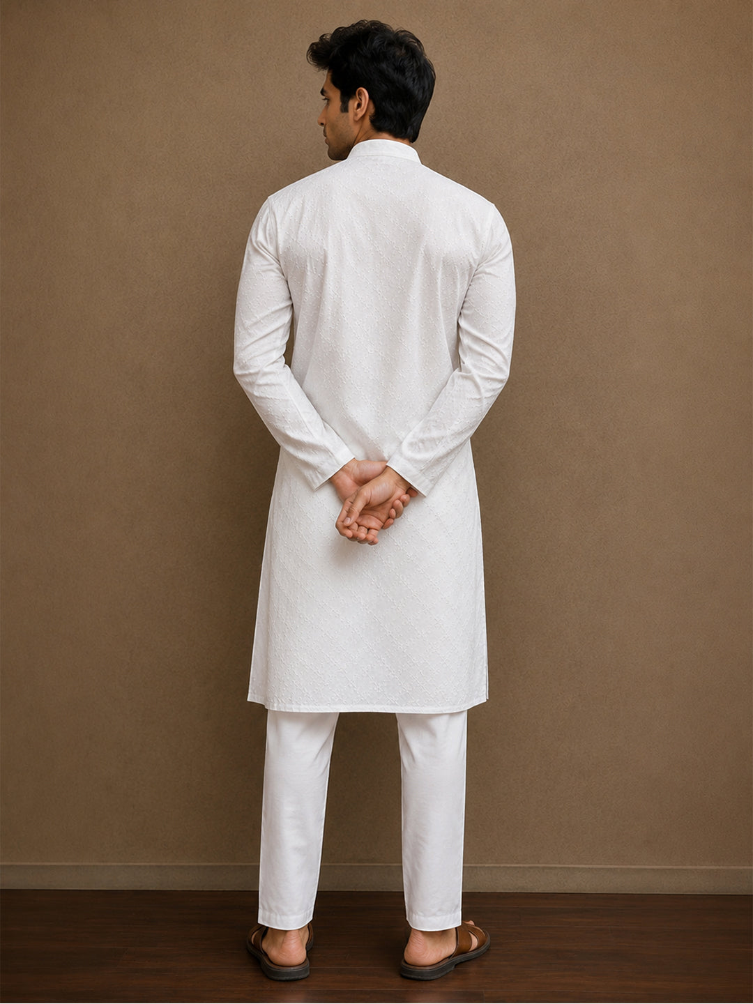 KISHRO Men Cotton Chikankari Self-Design Long Kurta - White Secondary image