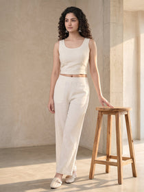KISHRO Women Linen Solid Full Length Wide-Leg Trousers - Cream