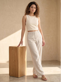 KISHRO Women Linen Solid Full Length Wide-Leg Trousers - Cream