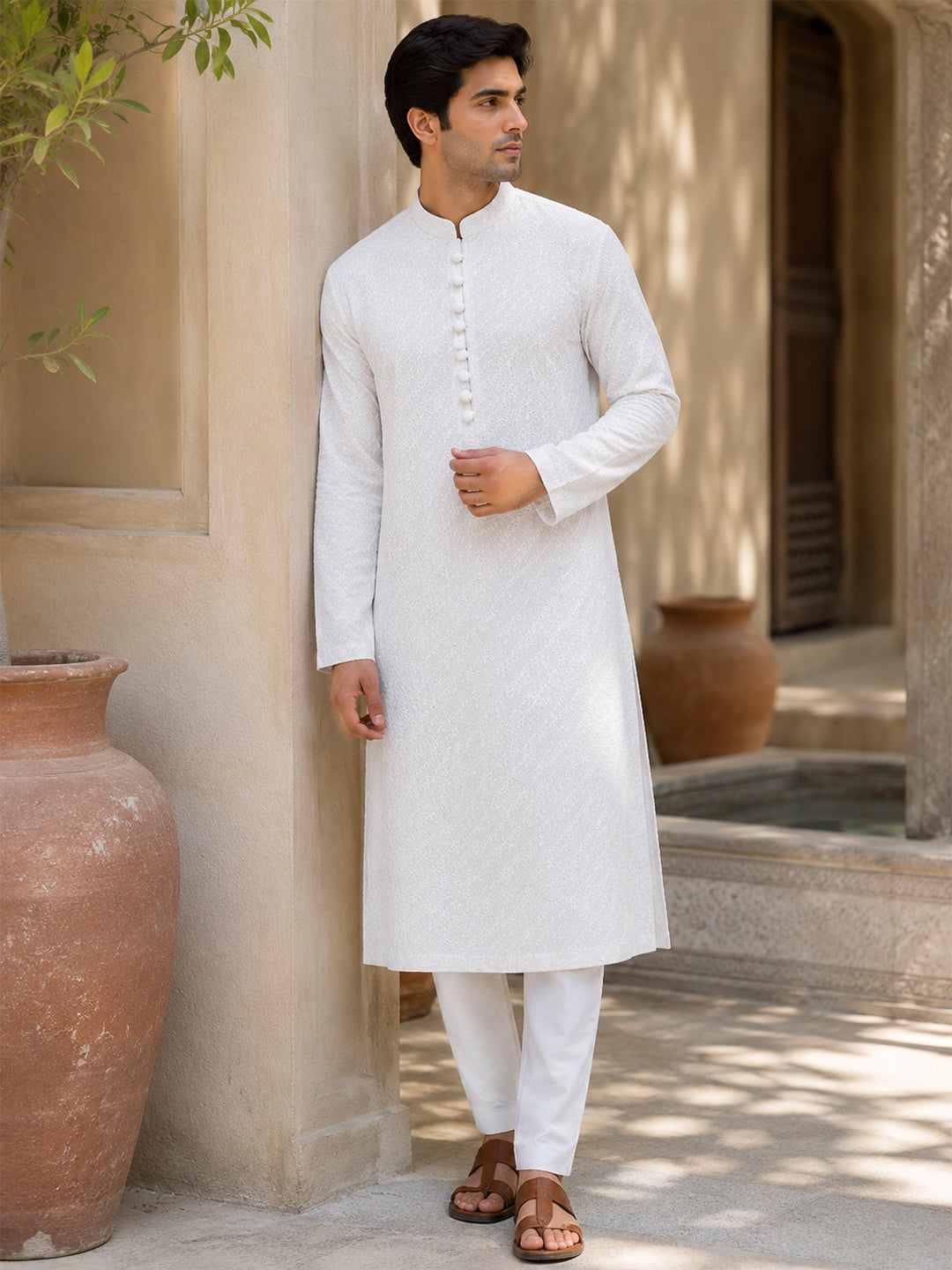 KISHRO Men Cotton Self-Design Regular Fit Long Kurta - White Main image
