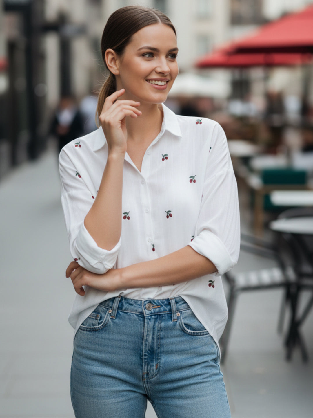KISHRO Women Cotton Floral Printed Embroidered Shirt - White