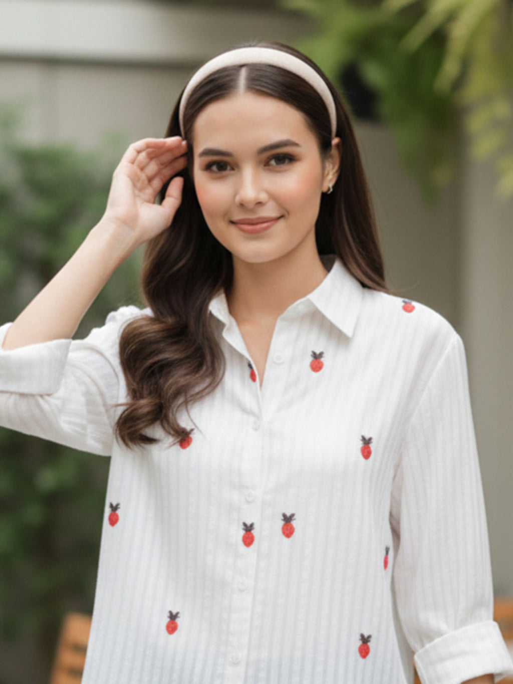 KISHRO Women Cotton Floral Printed Embroidered Shirt - White