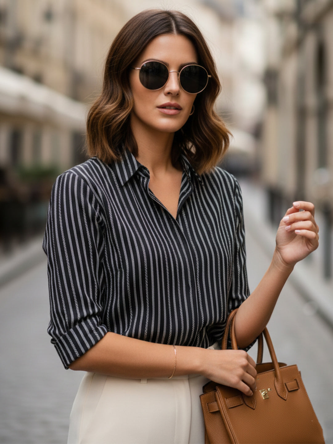 KISHRO Women Viscose Rayon Striped Regular Fit Shirt - Black