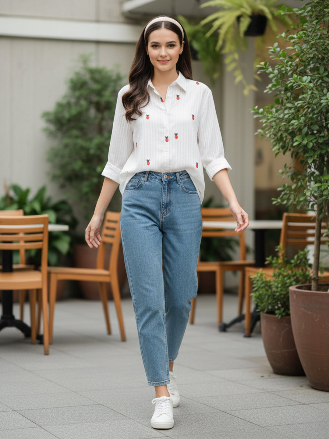 KISHRO Women Cotton Floral Printed Embroidered Shirt - White