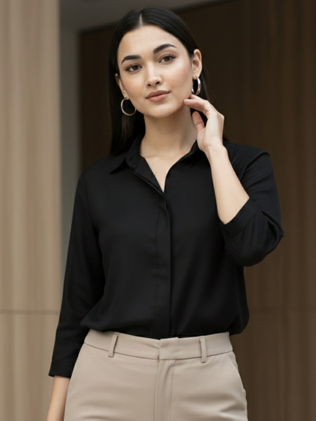 KISHRO Women Viscose Rayon Solid Regular Fit Shirt - Black