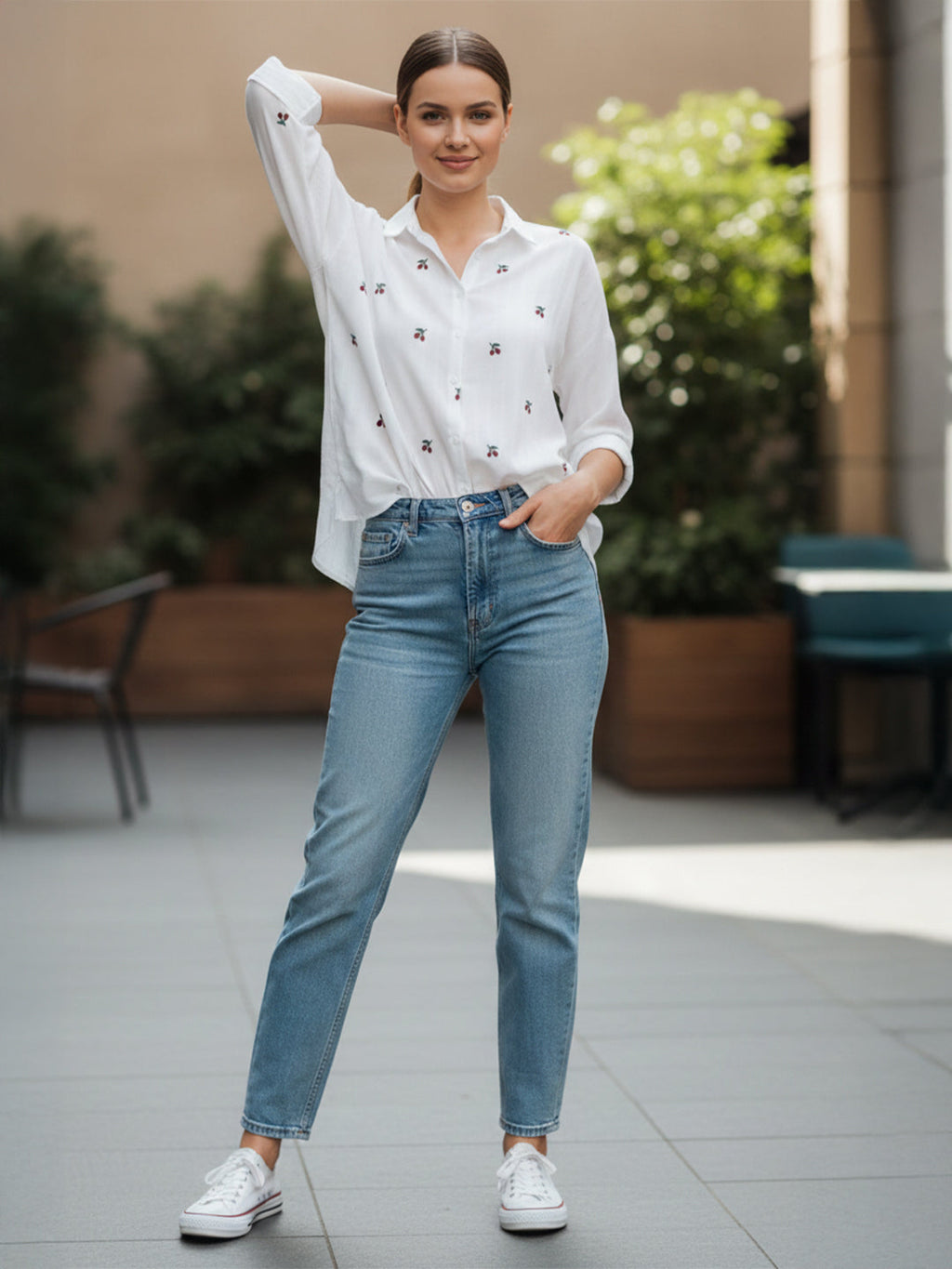 KISHRO Women Cotton Floral Printed Embroidered Shirt - White
