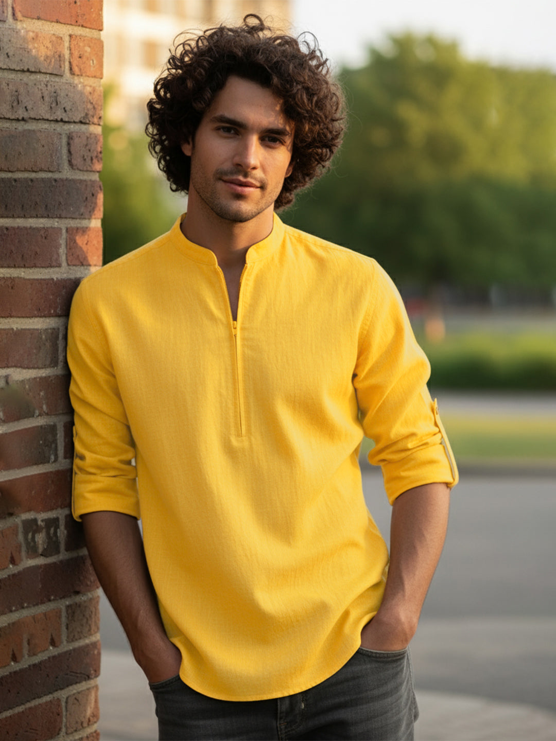 KISHRO Men Cotton Blend Striped Solid Short Kurta - Beige