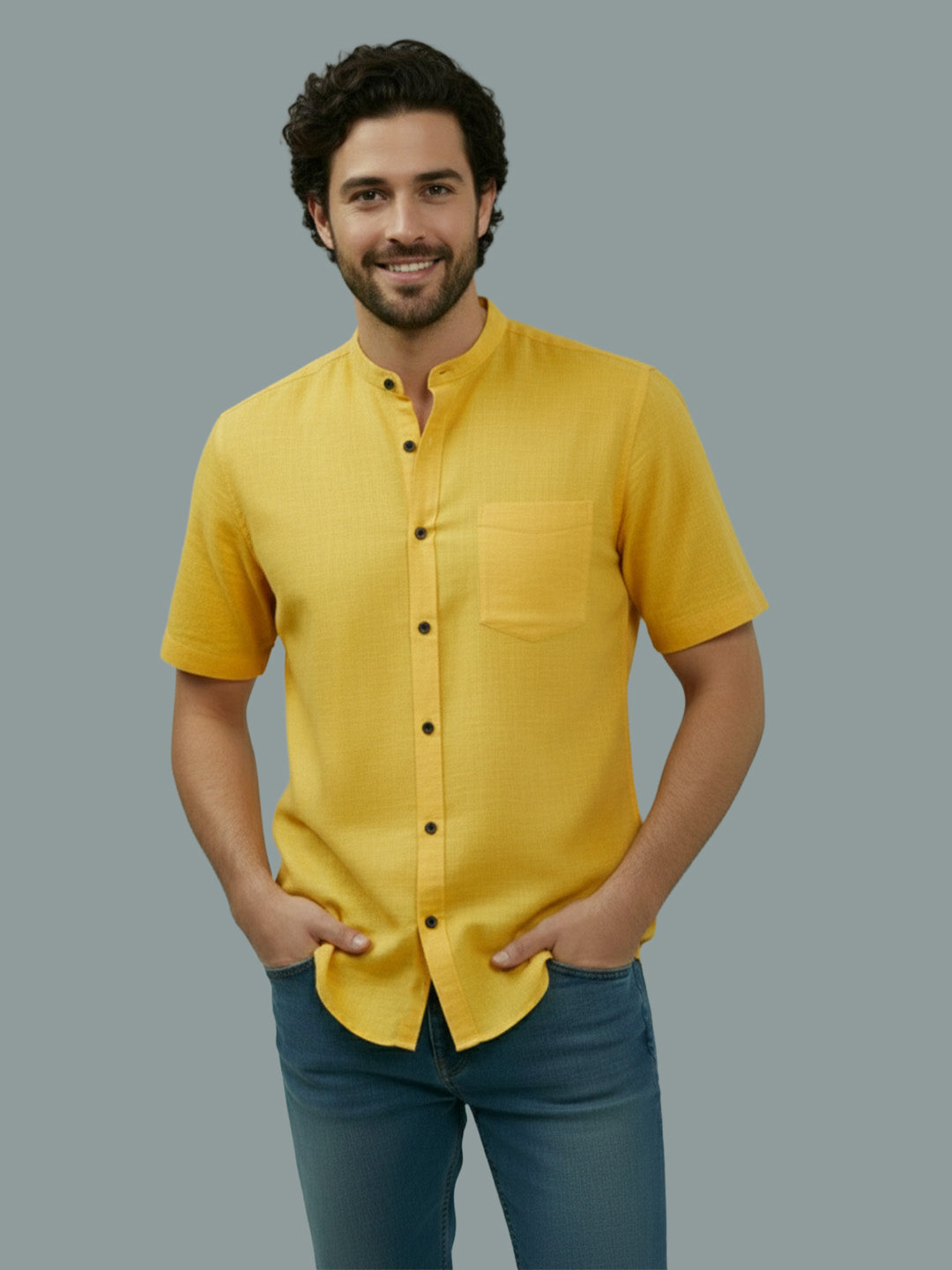 KISHRO Men Cotton Regular Fit Mandarin Collar Casual Shirt - White