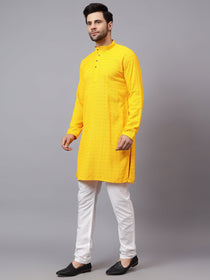 KISHRO Men Rayon Schiffli Chikankari Embroidered Long Kurta Set - Red