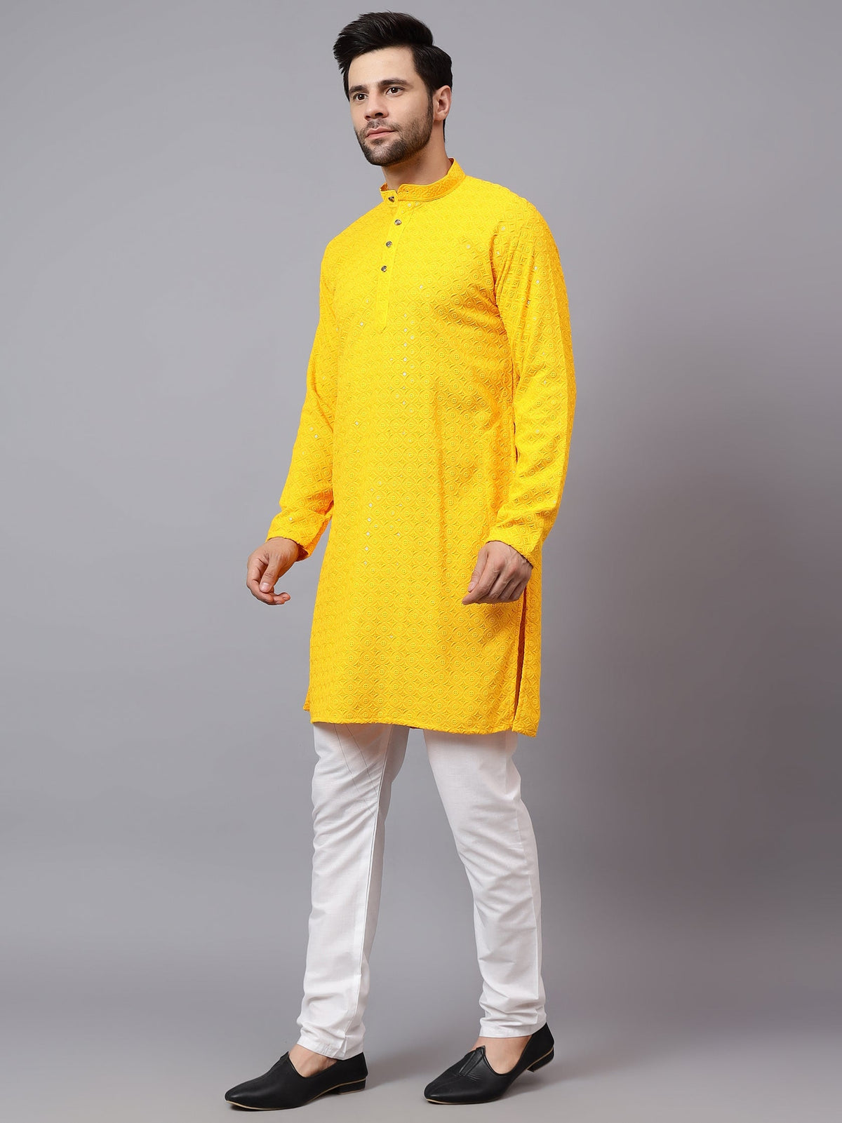 KISHRO Men Rayon Schiffli Chikankari Embroidered Long Kurta Set - Red