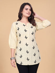 KISHRO Women Cotton Printed Regular Fit Top - Lemon