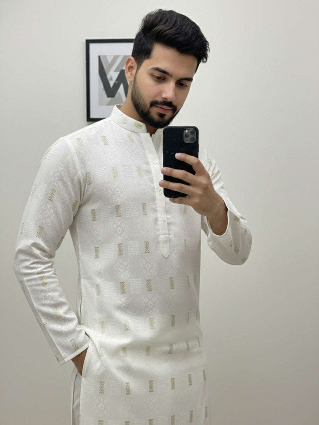 KISHRO Men Cotton Printed Regular Fit Mandarin Collar Short Kurta - White