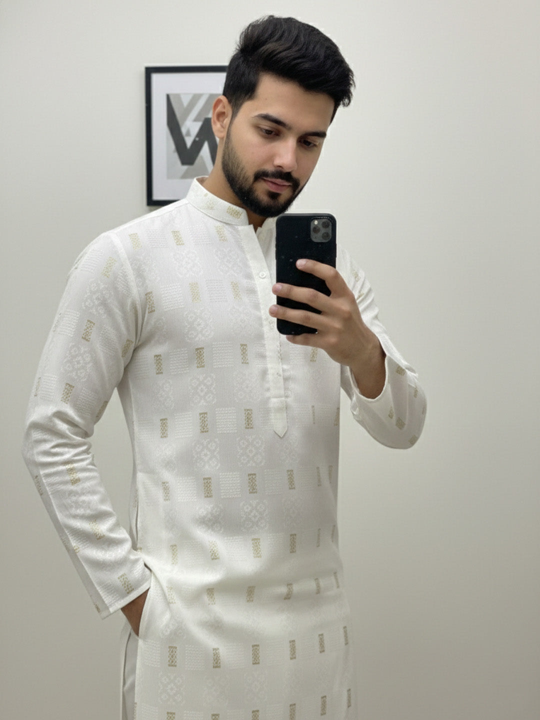 KISHRO Men Cotton Printed Regular Fit Mandarin Collar Short Kurta - White