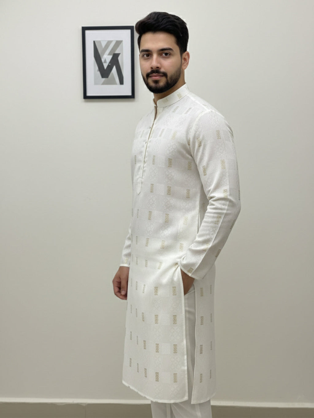 KISHRO Men Cotton Printed Regular Fit Mandarin Collar Short Kurta - White