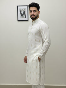 KISHRO Men Cotton Printed Regular Fit Mandarin Collar Short Kurta - White