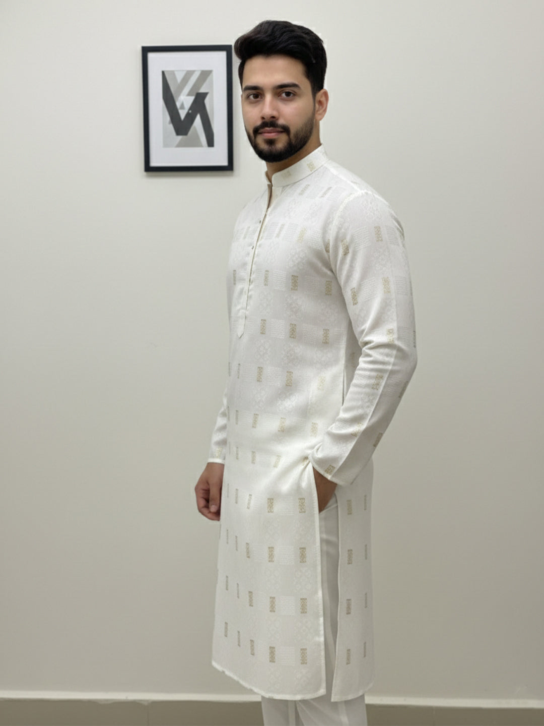 KISHRO Men Cotton Printed Regular Fit Mandarin Collar Short Kurta - White