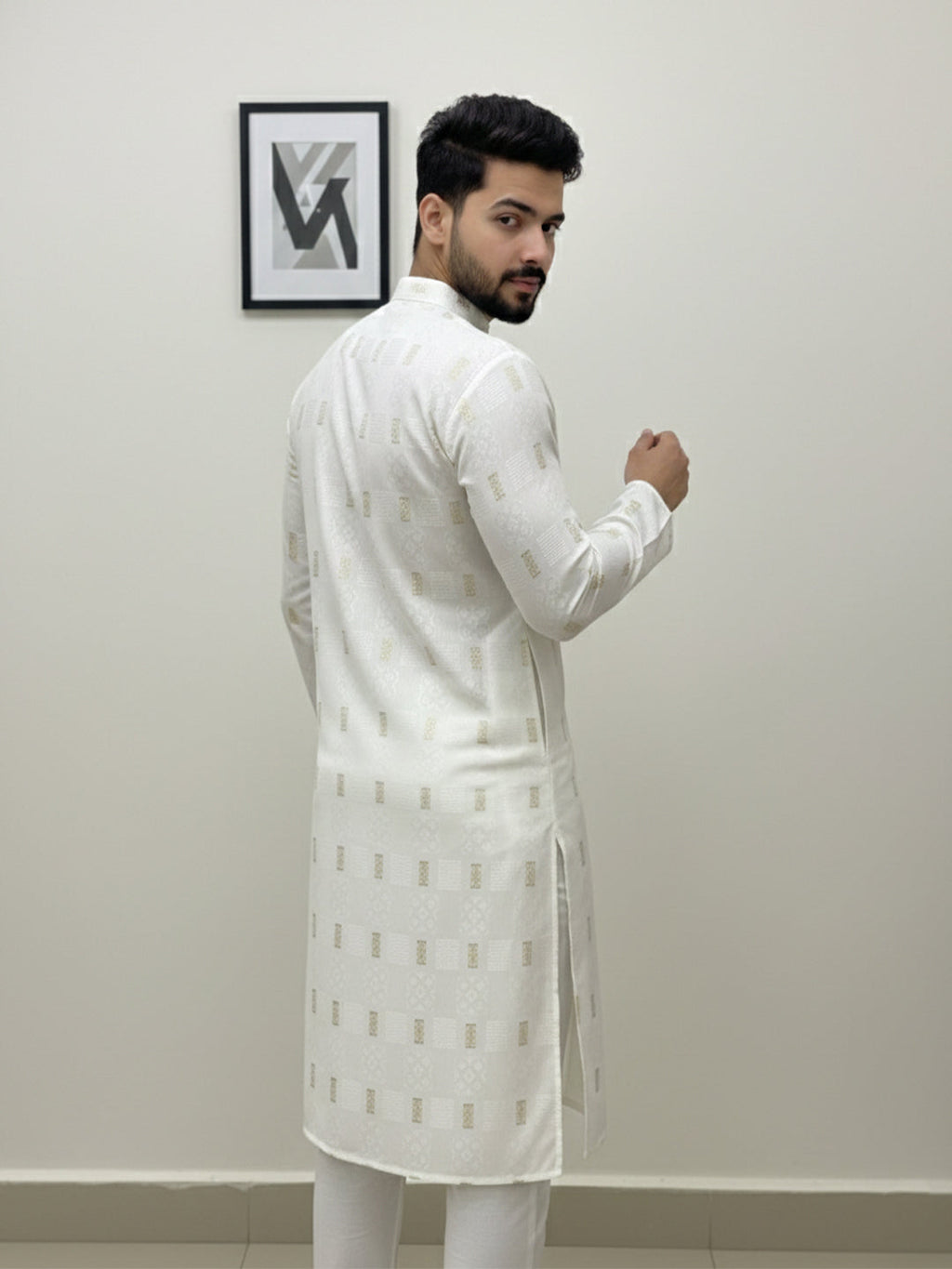KISHRO Men Cotton Printed Regular Fit Mandarin Collar Short Kurta - White