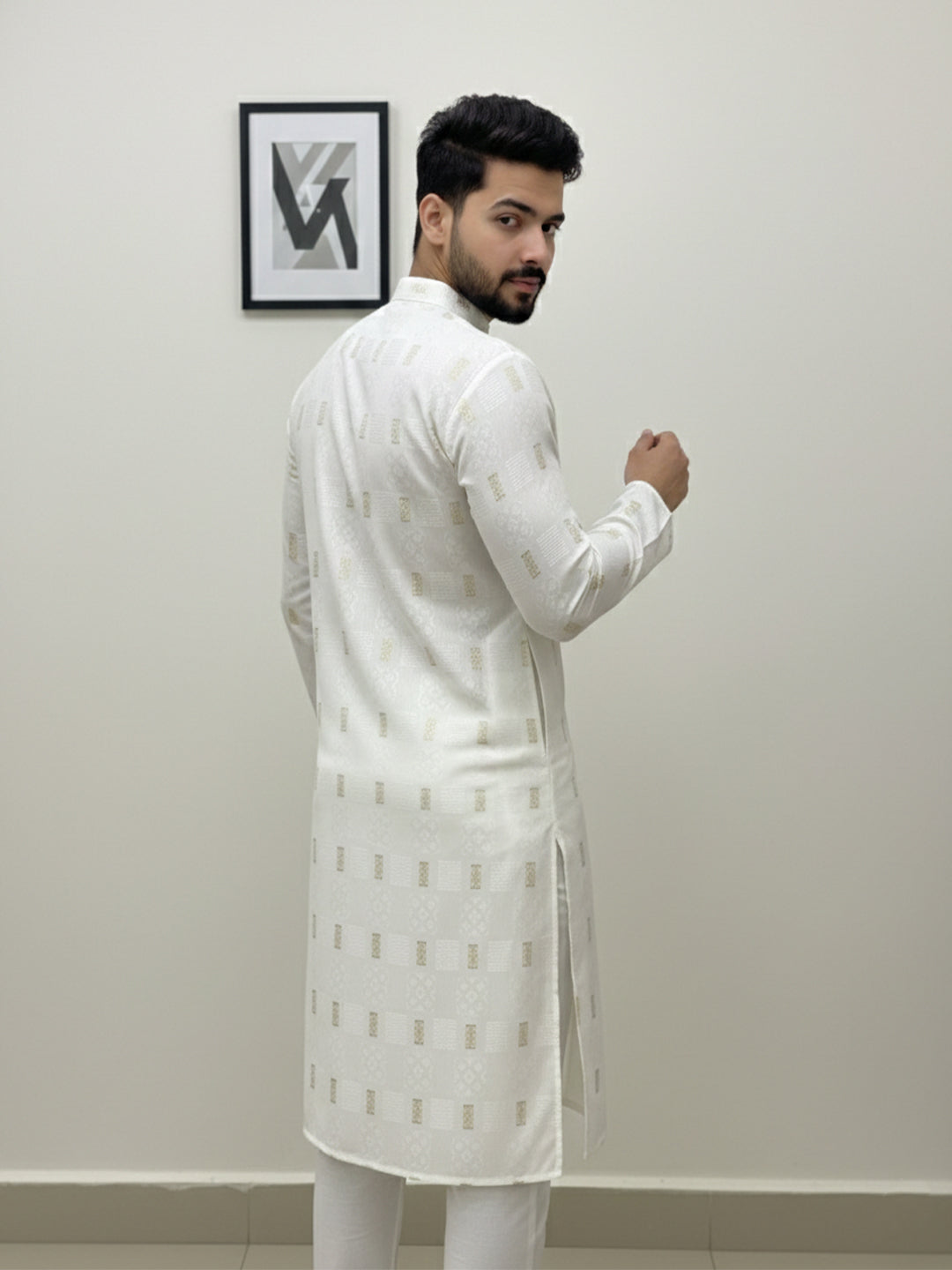 KISHRO Men Cotton Printed Regular Fit Mandarin Collar Short Kurta - White