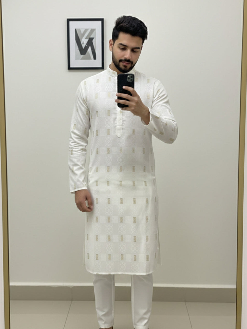 KISHRO Men Cotton Printed Regular Fit Mandarin Collar Short Kurta - White