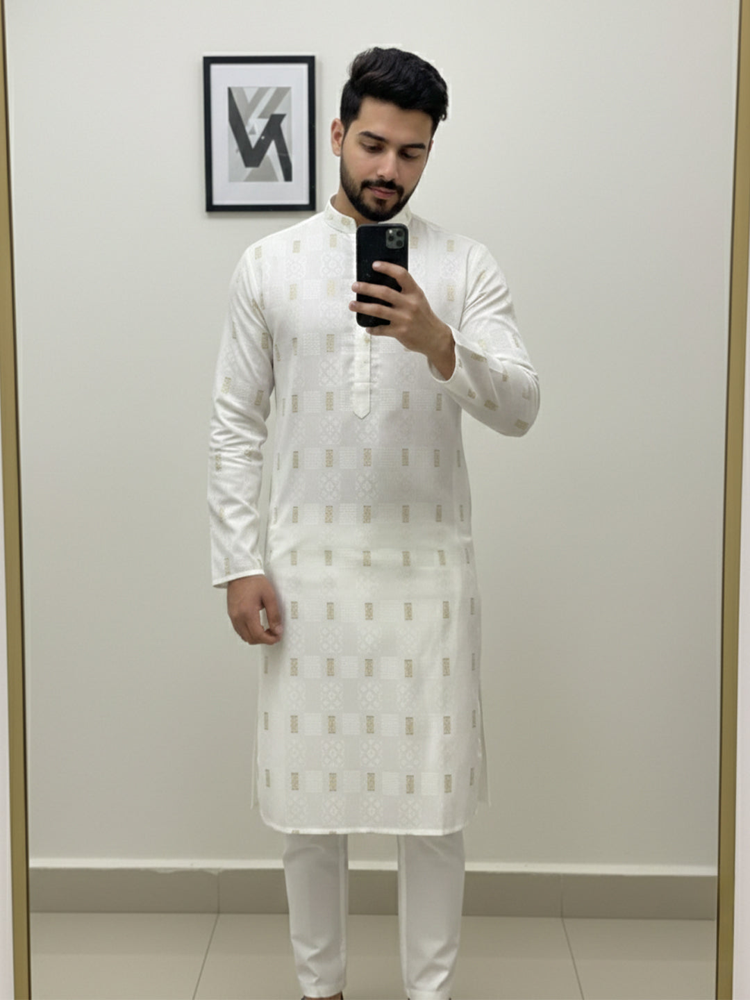 KISHRO Men Cotton Printed Regular Fit Mandarin Collar Short Kurta - White