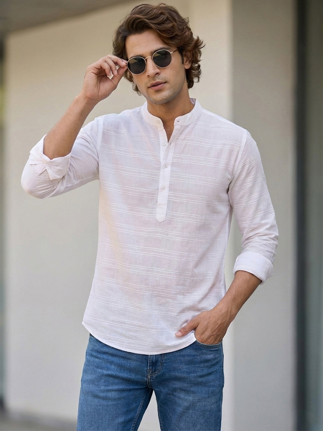 KISHRO Men Cotton Striped Mandarin Collar Curved Hem Short Kurta - White